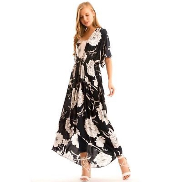 Tie Front Floral Kimono Duster Navy - Picture 1 of 7